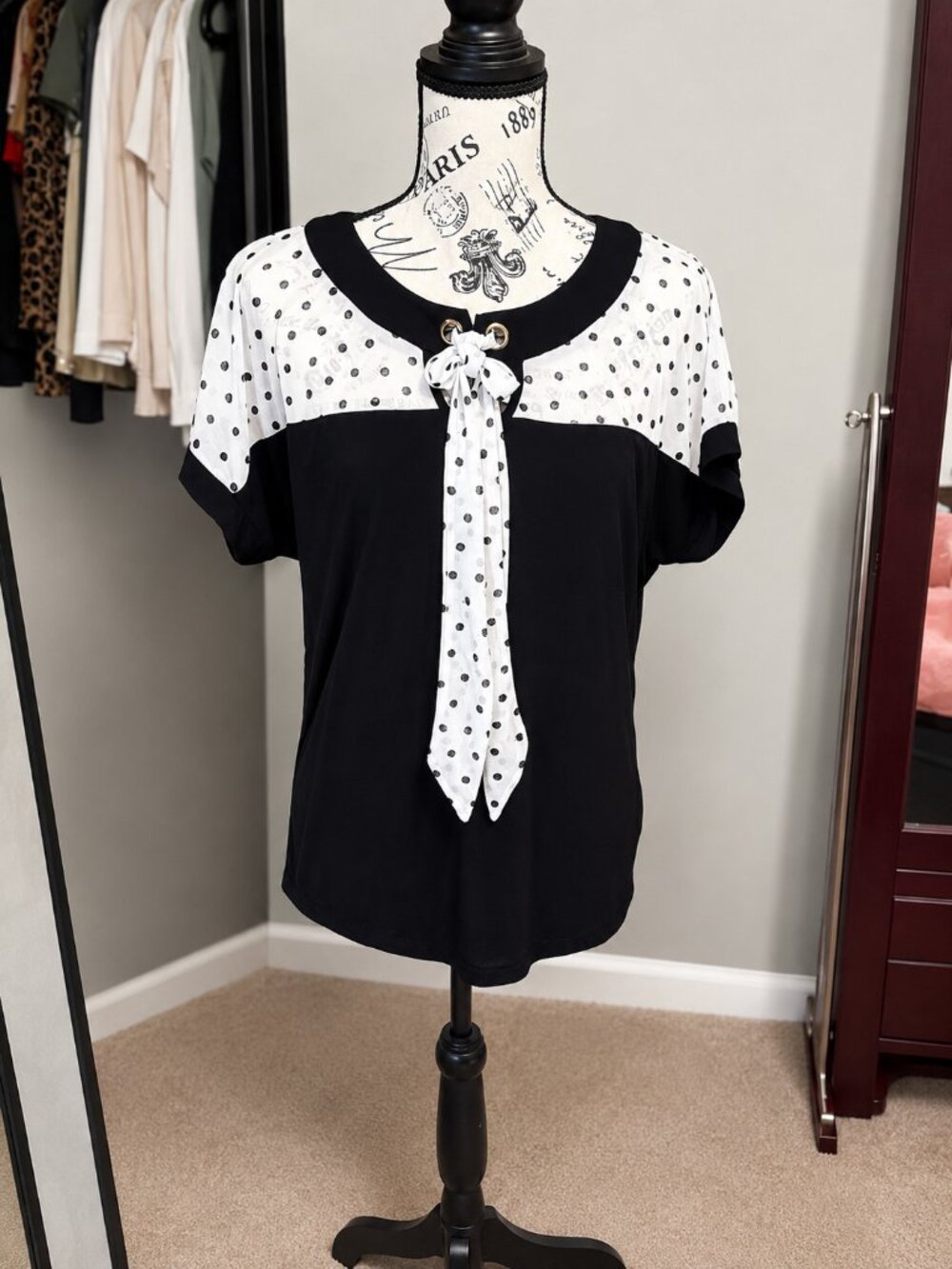 Liz McCoy Black & White Polka Dot Tie Neck Blouse | Women's Size Large - Picture 4 of 4